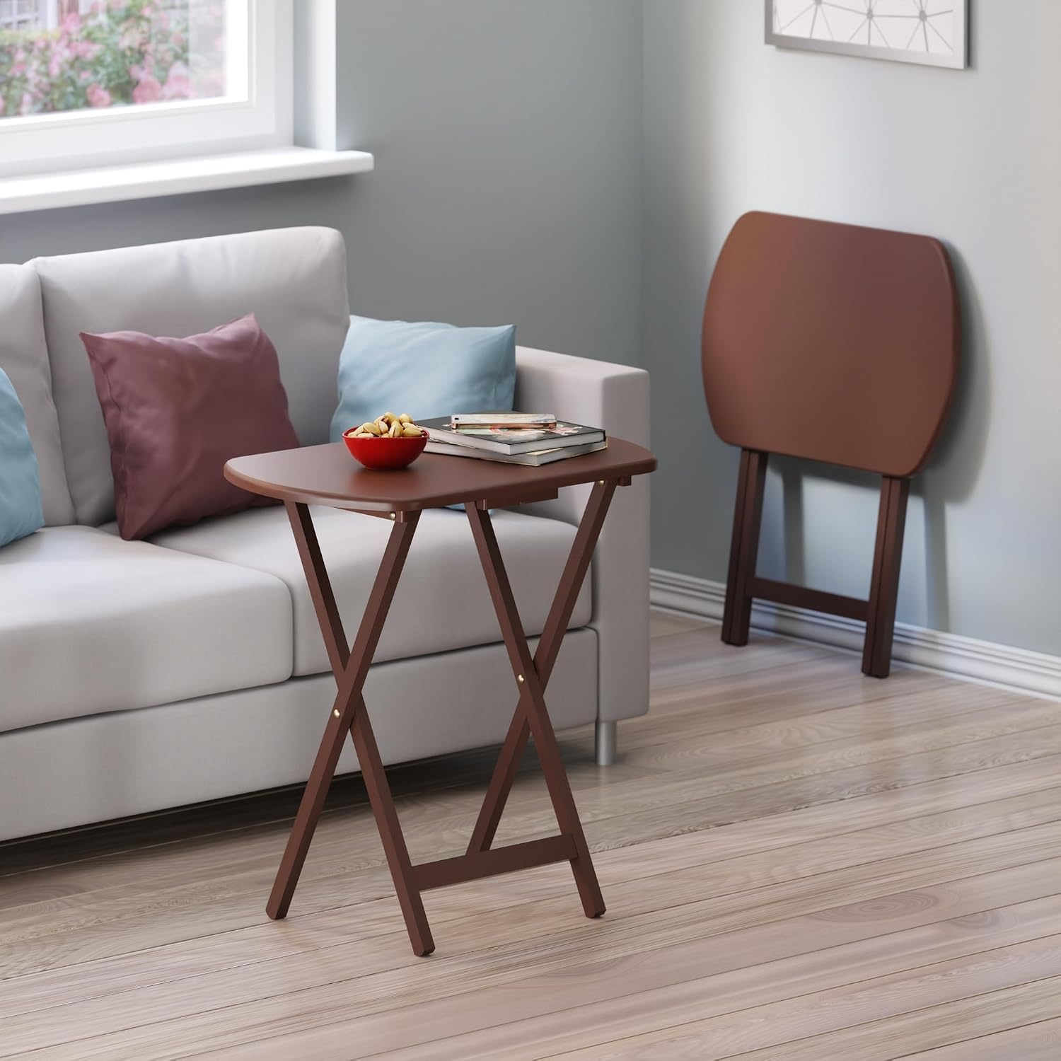image:imageWinsome Corbett Set of 2 Oversized Foldable Snack Tables Easy to Store Portable Fold Up Table Set for Kitchen Living Room TV Dining Crafts Puzzles Work From HomeWalnut