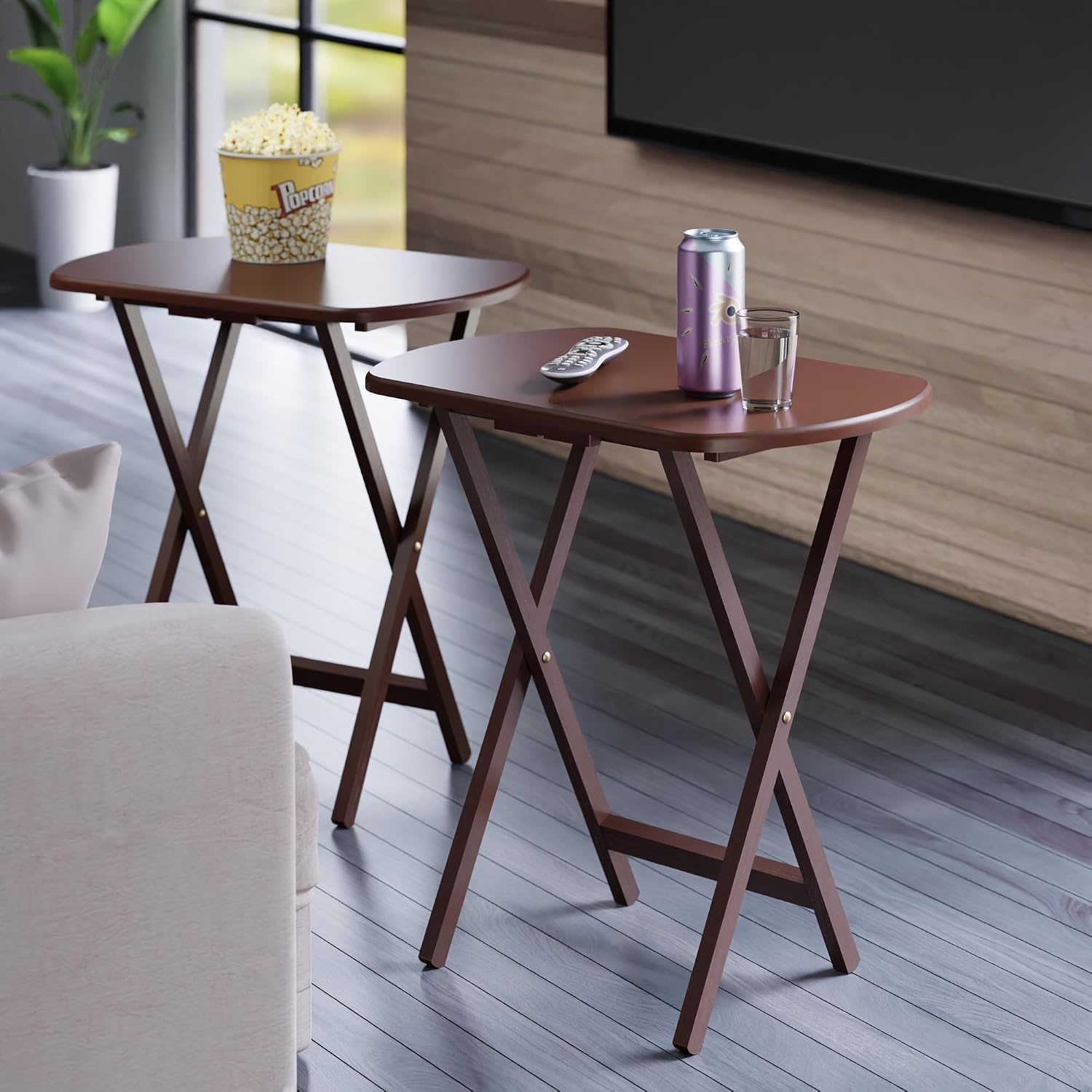 image:imageWinsome Corbett Set of 2 Oversized Foldable Snack Tables Easy to Store Portable Fold Up Table Set for Kitchen Living Room TV Dining Crafts Puzzles Work From HomeWalnut