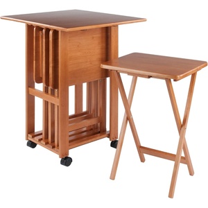 image:imageWinsome Sophia Set of 4 Foldable Snack Tables with Storage Rack in Teak Easy to Store Portable Fold Up Table Set for Kitchen Living Room TV Dining Crafts Puzzles Work From HomeTeak