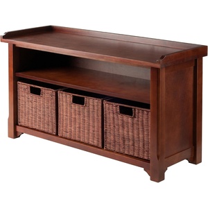 image:imageWinsome Wood MilanWood Storage Bench in Antique Walnut Finish with Storage Shelf and 3 Rattan Baskets in Antique Walnut Finish