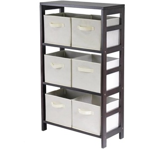 image:imageWinsome Wood Capri Wood 3 Section Storage Shelf with 6 Beige Fabric Foldable BasketsEspresso