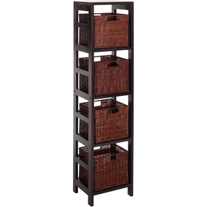 image:imageWinsome Wood Leo Wood 4 Tier Storage Shelf with 4 Small Rattan Baskets