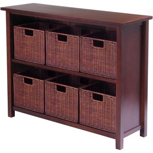 image:imageWinsome Wood Milan Wood 3 Tier Open Cabinet and 6 Rattan Baskets in Walnut Finish