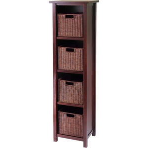 image:imageWinsome Wood Milan Wood 5 Tier Open Cabinet in Antique Walnut Finish and 4 Rattan Baskets in Antique Walnut Finish